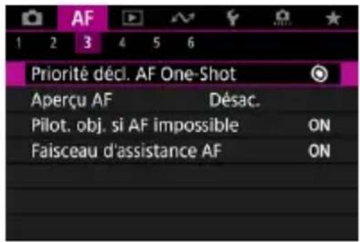 AF 1 2 3 4 5 6 Priorité décl. AF One-Shot Aperçu AF Désac. Pilot. obj. si AF impossible ON Faisceau d'assistance AF ON