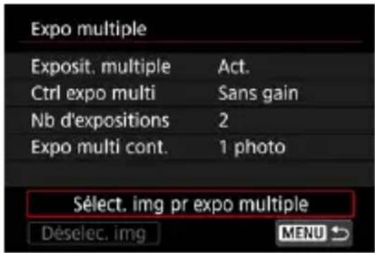 Expo multiple Exposit. multiple Act. Ctrl expo multi Sans gain Nb d'expositions 2 Expo multi cont. 1 photo Sélect. img pr expo multiple Déselec. img MENU ↗