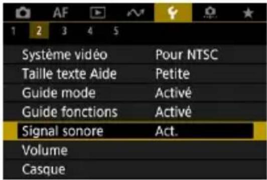 1 2 3 4 5 Système vidéo Pour NTSC Taille texte Aide Petite Guide mode Activé Guide fonctions Activé Signal sonore Act. Volume Casque