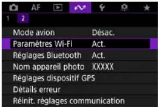 AF 1 2 Mode avion Désac. Paramètres Wi-Fi Act. Réglages Bluetooth Act. Nom appareil photo XXXXX Réglages dispositif GPS Détails erreur Réinit. réglages communication