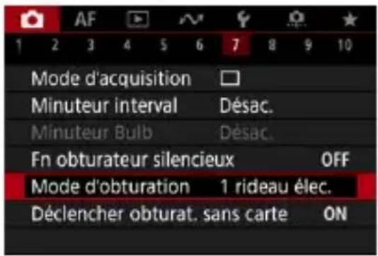AF 1 2 3 4 5 6 7 8 9 10 Mode d'acquisition Minuteur interval Désac. Minuteur Bulb Désac. Fn obturateur silencieux OFF Mode d'obturation 1 rideau élec. Déclencher obturat. sans carte ON