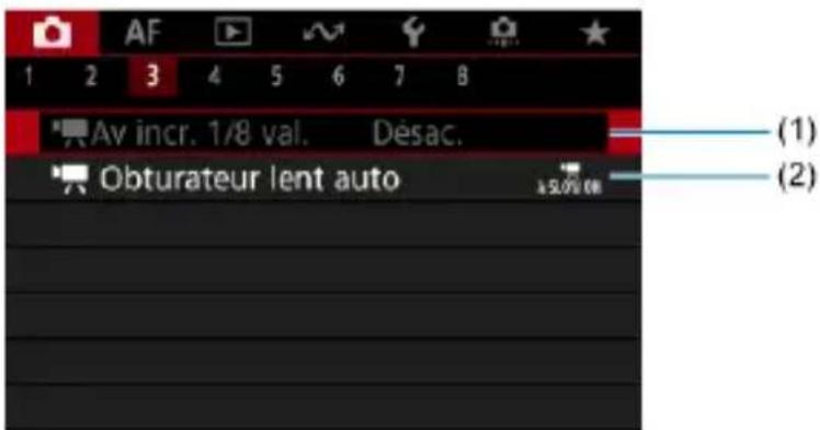 AF 1 2 3 4 5 6 7 8 Av incr. 1/8 val. Désac. Obturateur lent auto (1) (2)