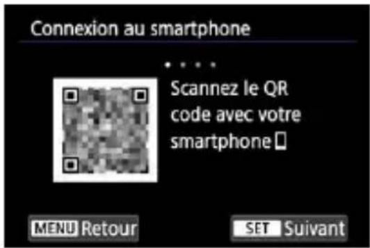 Connexion au smartphone • • • Scannez le QR code avec votre smartphone □ MENU Retour SET Suivant