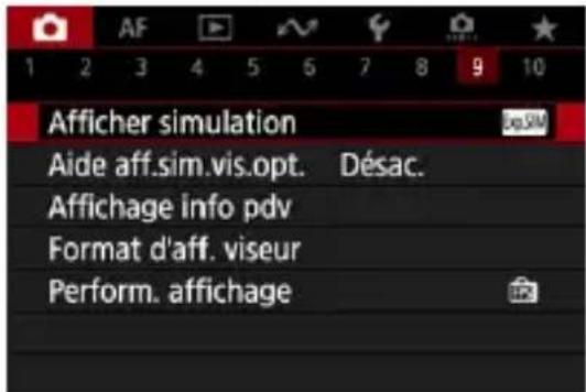 Afficher simulation Aide aff.sim.vis.opt. Désac. Affichage info pdv Format d'aff. viseur Perform. affichage