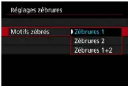 Réglages zébrures Motifs zébrés Zébrures 1 Zébrures 2 Zébrures 1+2