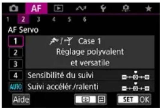 AF 1 2 3 4 5 6 AF Servo 1 Case 1 Réglage polyvalent et versatile 2 3 4 Sensibilité du suivi AUTO Suivi accélér./ralenti Aide SET OK