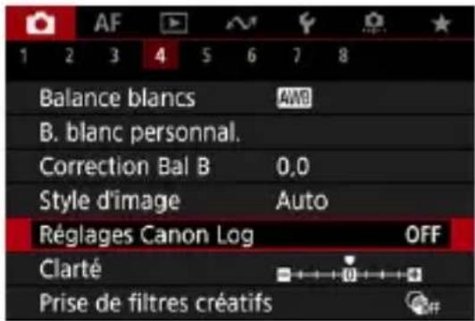 AF 1 2 3 4 5 6 7 8 Balance blancs AW0 B. blanc personnel. Correction Bal B 0,0 Style d'image Auto Réglages Canon Log OFF Clarté Prise de filtres créatifs