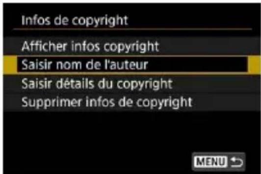 Infos de copyright Afficher infos copyright Saisir nom de l'auteur Saisir détails du copyright Supprimer infos de copyright MENU ↗