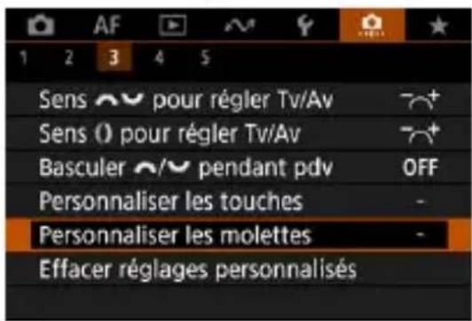 Sens pour régler Tv/Av Sens 0 pour régler Tv/Av Basculer pendant pdv OFF Personnaliser les touches Personnaliser les molettes Effacer réglages personnalisés