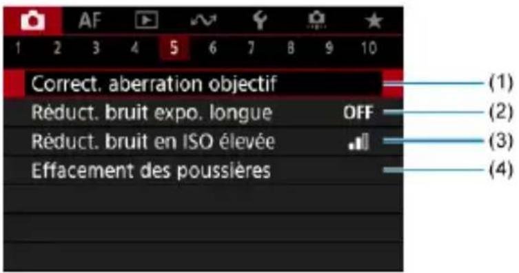 Correct. aberration objectif Réduct. bruit expo. longue OFF Réduct. bruit en ISO élevée Effacement des poussières