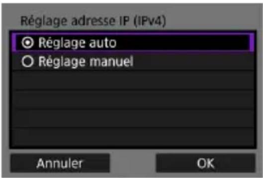 Réglage adresse IP (IPv4) Réglage auto Réglage manuel Annuler OK