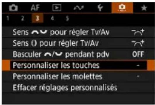 Sens pour régler Tv/Av Sens () pour régler Tv/Av Basculer pendant pdv OFF Personnaliser les touches Personnaliser les molettes Effacer réglages personnalisés
