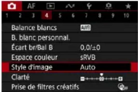 AF 1 2 3 4 5 6 7 8 9 10 Balance blancs AWB B. blanc personnel. Écart br/Bal B 0,0/±0 Espace couleur sRVB Style d'image Auto Clarté Prise de filtres créatifs