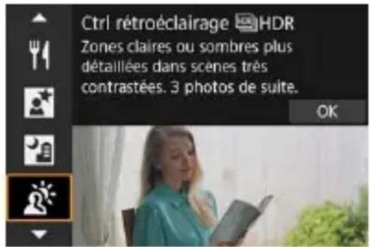 Ctrl rétroéclairage HDR Zones claires ou sombres plus détaillées dans scènes très contrastées. 3 photos de suite. OK
