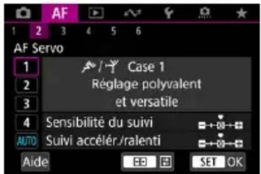 AF 1 2 3 4 5 6 AF Servo 1 / Case 1 Réglage polyvalent et versatile 2 3 4 Sensibilité du suivi AUTO Suivi accélér./ralenti Aide SET OK