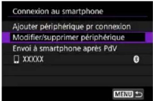 Connexion au smartphone Ajouter périphérique pr connexion Modifier/supprimer périphérique Envoi à smartphone après PdV XXXXX