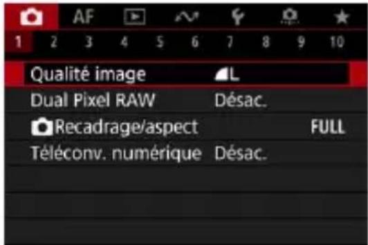 Qualité image Dual Pixel RAW Recadrage/aspect Téléconv. numérique L Désac. FULL Désac.
