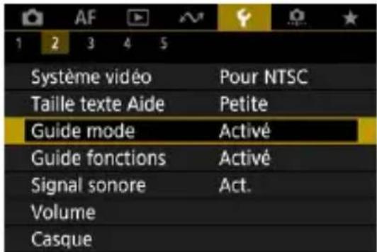 Système vidéo Taille texte Aide Guide mode Guide fonctions Signal sonore Volume Casque Pour NTSC Petite Activé Activé Act.