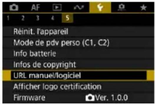 AF 1 2 3 4 5 Réinit. l'appareil Mode de pdv perso (C1, C2) Info batterie Infos de copyright URL manuel/logiciel Afficher logo certification Firmware Ver. 1.0.0