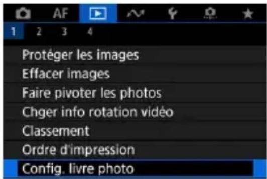 Protéger les images Effacer images Faire pivoter les photos Chger info rotation vidéo Classement Ordre d'impression Config. livre photo