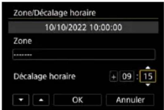 Zone/Décalage horaire 10/10/2022 10:00:00 Zone Décalage horaire + 09 : 15 OK Annuler