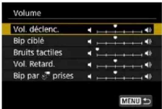 Volume Vol. déclenc. Bip ciblé Bruits tactiles Vol. Retard. Bip par prises MENU