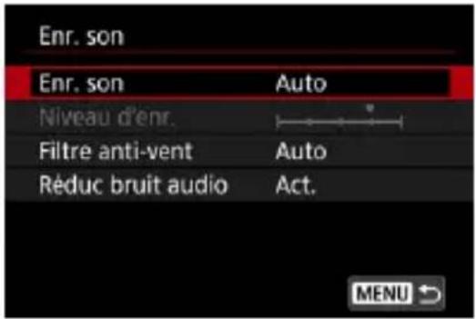 Enr. son Enr. son Auto Niveau d'enr. Filtre anti-vent Auto Réduc bruit audio Act.
