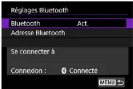 Réglages Bluetooth Bluetooth Act. Adresse Bluetooth Se connecter à Connexion : Connecté MENU
