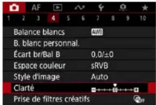 AF 1 2 3 4 5 6 7 8 9 10 Balance blancs AWB B. blanc personnel. Écart br/Bal B 0.0/±0 Espace couleur sRVB Style d'image Auto Clarté Prise de filtres créatifs