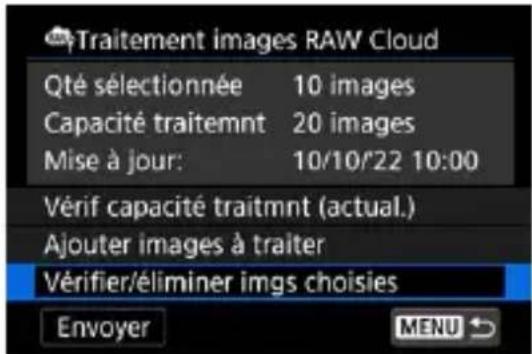 Traitement images RAW Cloud Qté sélectionnée 10 images Capacité traitemnt 20 images Mise à jour: 10/10/22 10:00 Vérif capacité traitmnt (actual.) Ajouter images à traiter Vérifier/éliminer imgs choisies Envoyer MENU ↗