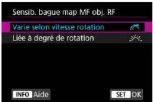 Sensib. bague map MF obj. RF Varie selon vitesse rotation Liée à degré de rotation INFO Aide SET OK