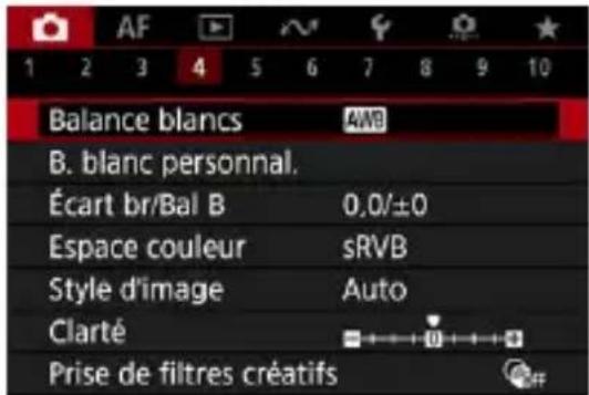AF 1 2 3 4 5 6 7 8 9 10 Balance blancs AWB B. blanc personnel. Écart br/Bal B 0.0/±0 Espace couleur sRVB Style d'image Auto Clarté Prise de filtres créatifs