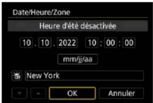 Date/Heure/Zone Heure d'été désactivée 10 . 10 . 2022 10 : 00 : 00 mm/jj/aa New York OK Annuler