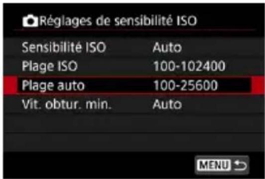 Réglages de sensibilité ISO Sensibilité ISO Auto Plage ISO 100-102400 Plage auto 100-25600 Vit. obtur. min. Auto