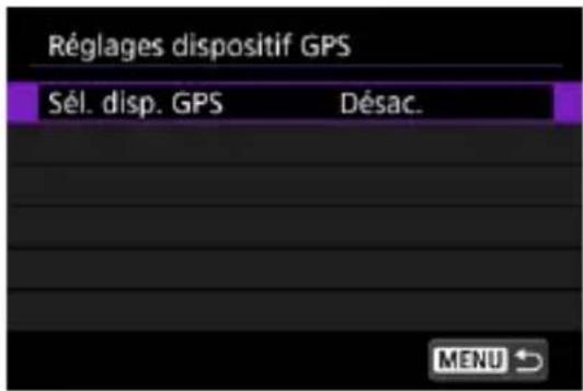 Réglages dispositif GPS Sél. disp. GPS Désac. MENU ↗