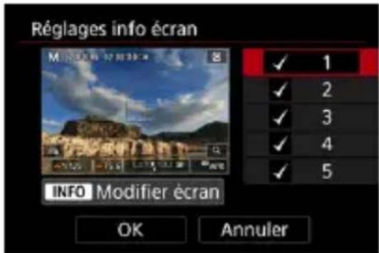 Réglages info écran M 1 2 3 4 5 INFO Modifier écran OK Annuler