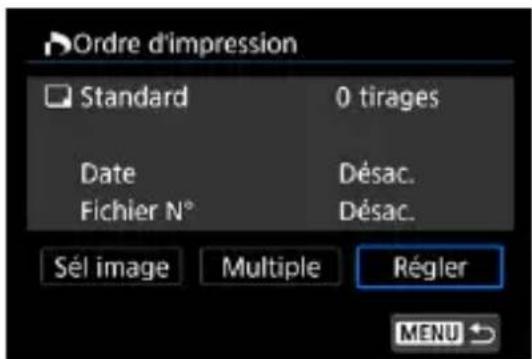 Ordre d'impression Standard 0 tirages Date Désac. Fichier N° Désac. Sél image Multiple Régler MENU