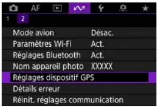 AF 1 2 Mode avion Désac. Paramètres Wi-Fi Act. Réglages Bluetooth Act. Nom appareil photo XXXXX Réglages dispositif GPS Détails erreur Réinit. réglages communication