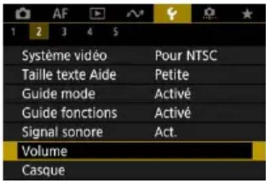 Système vidéo Taille texte Aide Guide mode Guide fonctions Signal sonore Volume Casque Pour NTSC Petite Activé Activé Act.