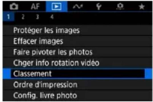 Protéger les images Effacer images Faire pivoter les photos Chger info rotation vidéo Classement Ordre d'impression Config. livre photo