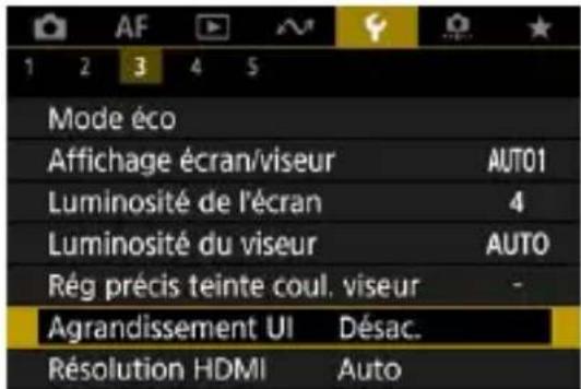 AF 1 2 3 4 5 Mode éco Affichage écran/viseur AUTO1 Luminosité de l'écran 4 Luminosité du viseur AUTO Rég précis teinte coul. viseur - Agrandissement UI Désac. Résolution HDMI Auto