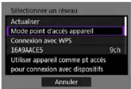 Sélectionner un réseau Actualiser Mode point d'accès appareil Connexion avec WPS 16A9AACE5 9ch Utiliser appareil comme pt accès pour connexion avec dispositifs Annuler