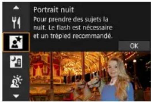 Portrait nuit Pour prendre des sujets la nuit. Le flash est nécessaire et un trépéd recommandé. OK