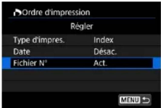 Ordre d'impression Régler Type d'impres. Index Date Désac. Fichier N° Act.