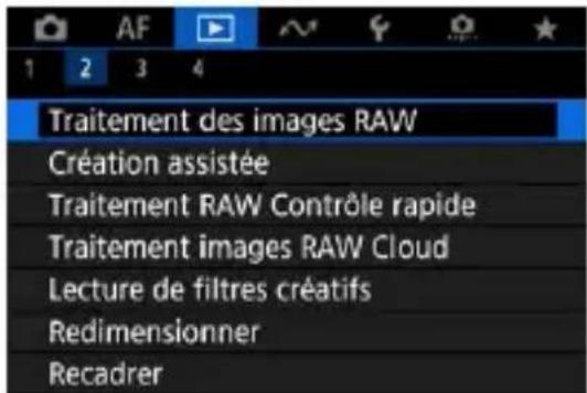Traitement des images RAW Création assistée Traitement RAW Contrôle rapide Traitement images RAW Cloud Lecture de filtres créatifs Redimensionner Recadrer