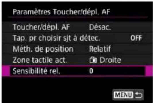 Paramètres Toucher/dépl. AF Toucher/dépl. AF Désac. Tap, pr choisir sjt à détec. OFF Méth. de position Relatif Zone tactile act. Droite Sensibilité rel. 0 MENU →