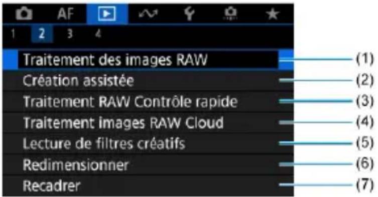 Traitement des images RAW Création assistée Traitement RAW Contrôle rapide Traitement images RAW Cloud Lecture de filtres créatifs Redimensionner Recadrer (1) (2) (3) (4) (5) (6) (7)