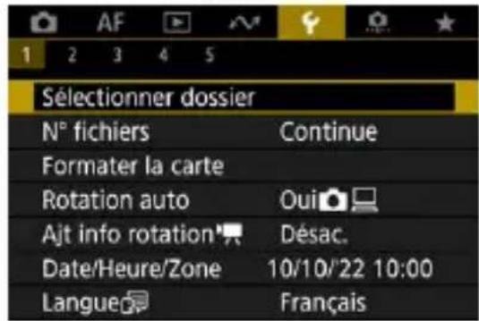 1 2 3 4 5 Sélectionner dossier N° fichiers Continue Formater la carte Rotation auto Oui Ajt info rotation Désac. Date/Heure/Zone 10/10/22 10:00 Langue Français