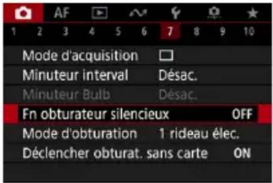 AF 1 2 3 4 5 6 7 8 9 10 Mode d'acquisition Minuteur interval Désac. Minuteur Bulb Désac. Fn obturateur silencieux OFF Mode d'obturation 1 rideau élec. Déclencher obturat. sans carte ON
