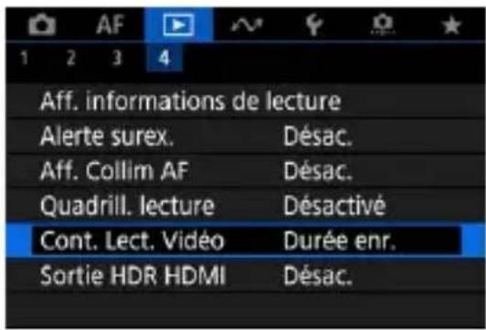 Aff. informations de lecture Alerte surex. Désac. Aff. Collim AF Désac. Quadrill. lecture Désactivé Cont. Lect. Vidéo Durée enr. Sortie HDR HDMI Désac.